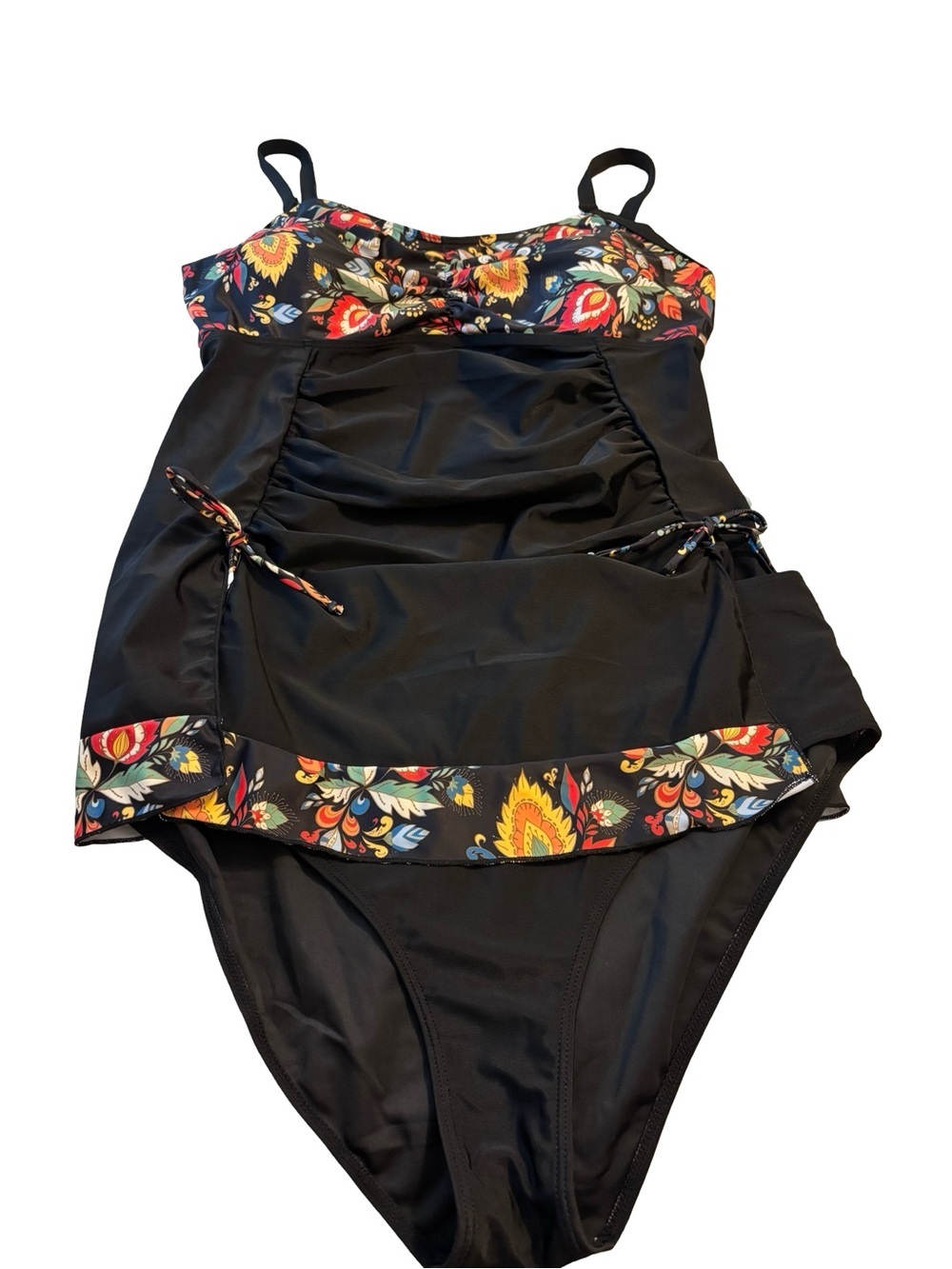 Black Floral Ruched 2 piece- Swimdress with Adjustable straps. - Picture 3 of 9